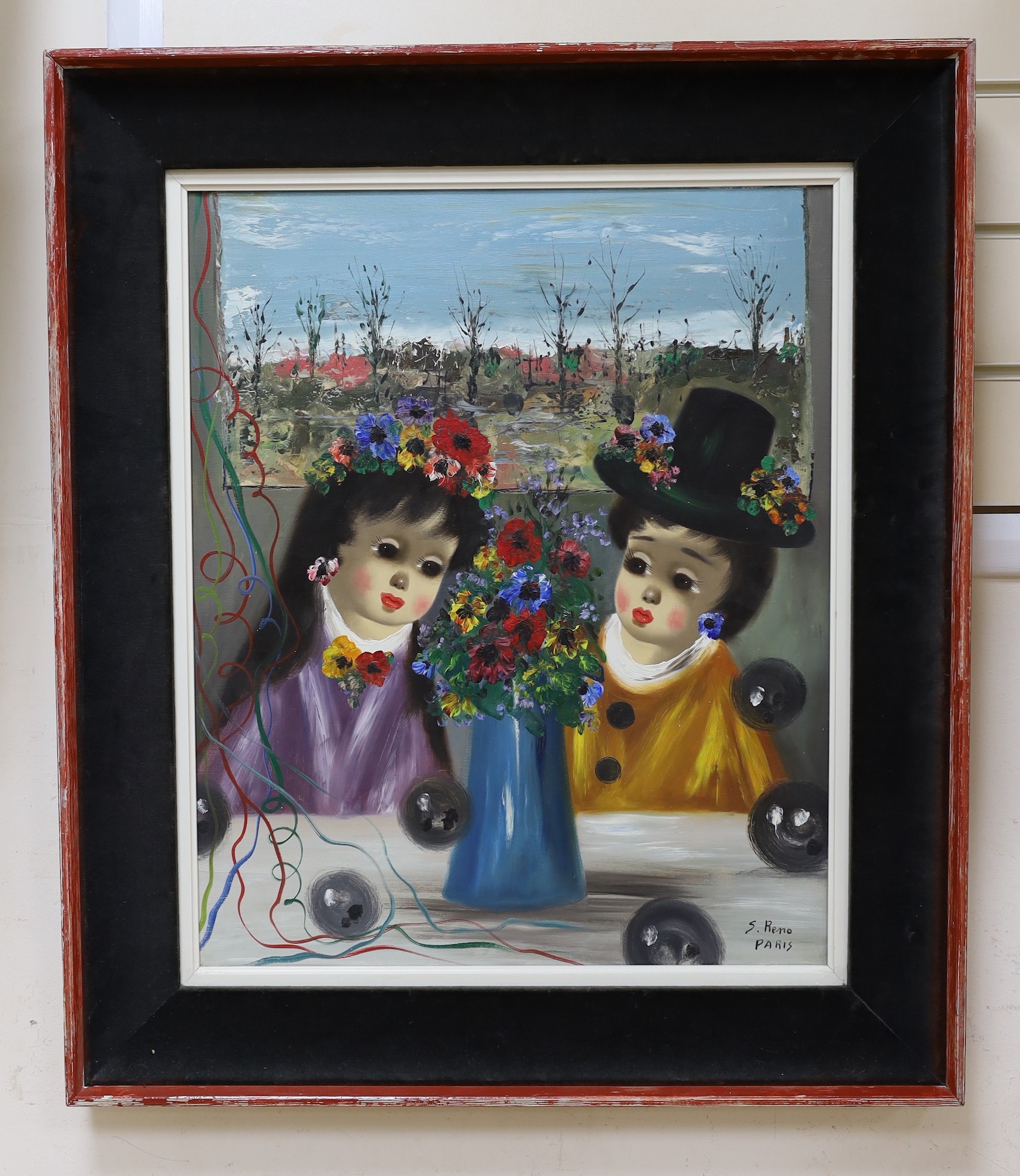 S. Reno, oil on canvas, Children beside a vase of flowers, signed and inscribed Paris, 54 x 45cm